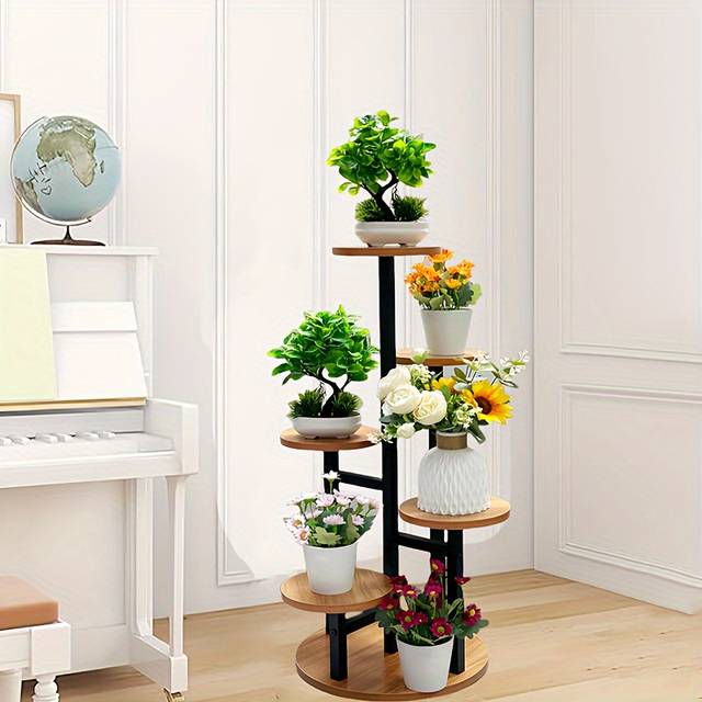 TEMU 6-tier Elegant Wooden Plant Stand - Decorative Multi-shelf Flower Holder For Indoor & Outdoor, Home, Office, Patio, And Wedding Decorations (pots Not Included)