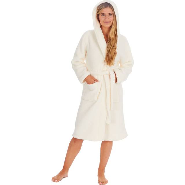 (Fluffy Cream, XL) Metzuyan - Ladies Star Print Dressing Gown | Soft Fluffy Fleece Robe With Hood | Sizes S-Xl