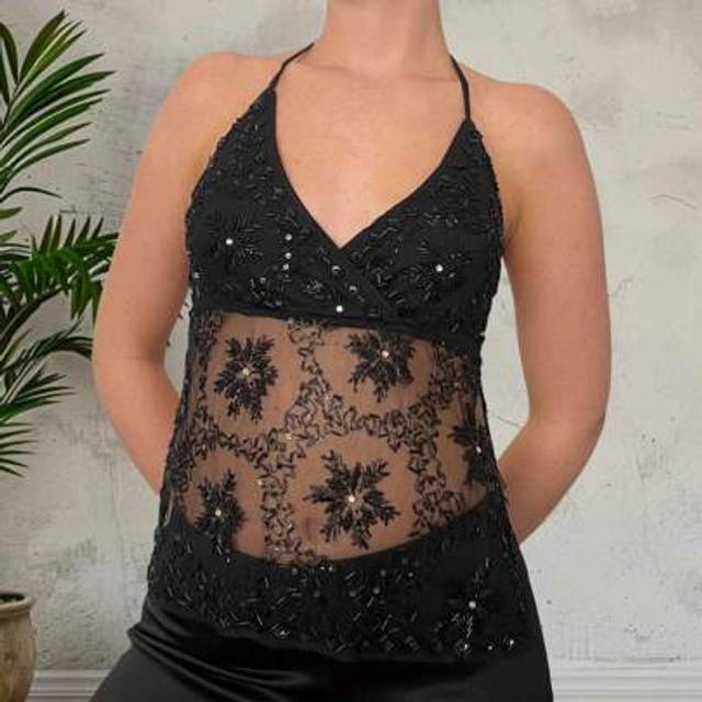 SHEIN Women&#39;s Sequin Halter Tank Tops Sleeveless V-Neck Backless Slim Fit Sheer Mesh Vest