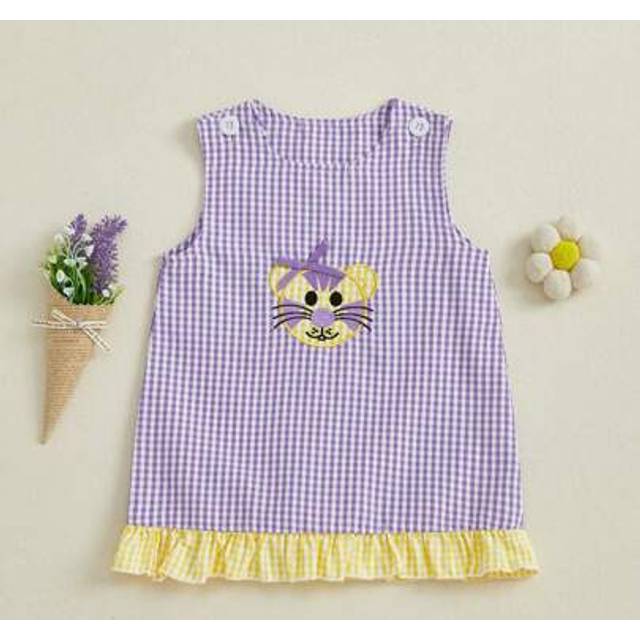 SHEIN 6 Months - 4 Years Old Infant Toddler Girl Dress Gingham Tank Dress Tiger Embroidered Bow Dress Round Neck Sleeveless Vest Dress Ruffle Hem Patchwork