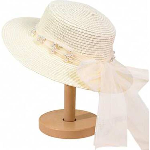 SHEIN Women Summer Straw Sun Hat Wide Brim Pearl Tulle Bow Decor Floppy Foldable Cap For Beach