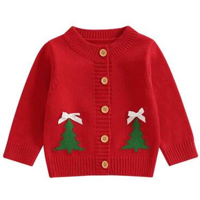 SHEIN Christmas Kids Cardigan Long Sleeve Button Closure Santa Claus Tree Warm Winter Sweater Clothes For Girls Boys