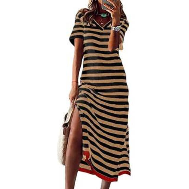 SHEIN Women&#39;s T-Shirt Dress Loose Fitting V Neck Short Sleeve Side Split Striped Long Dress For Summer