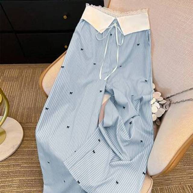 SHEIN Plus Size Women Elegant Blue & White Striped Black Bow Decor Pants