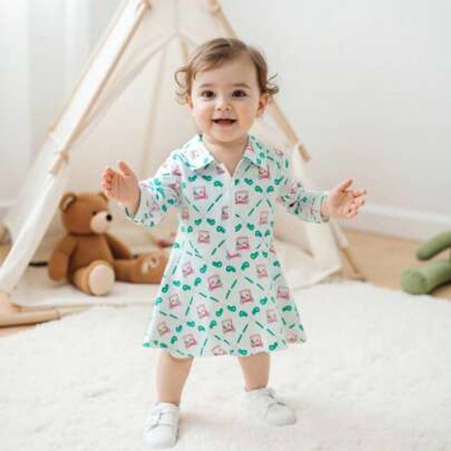 SHEIN Kids Girls Casual Dress, Long Sleeve Dress Tennis Racket/Golf Cart/Golf Club Print Fall Dress