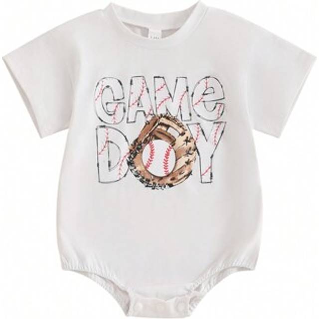 SHEIN Baby Girl Baseball Romper Letter Print Short Sleeve Bodysuit Cute Summer Clothes