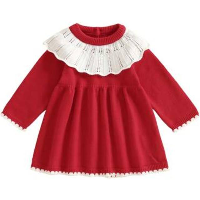 SHEIN Toddler Baby Girls Fall Dress Ribbed Knit Ruffled Dress Fall Fashionable Contrast Color Knit Dress Long Sleeve Round Neck Solid Color Dress Baby Girls