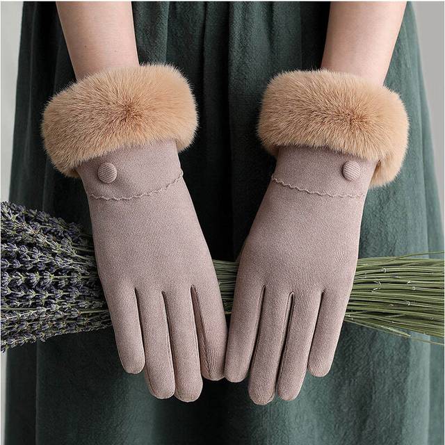 (One Size, I12 Khaki) Women Double Thick Velvet Plush Wrist Touch Screen Driving Gloves Winter