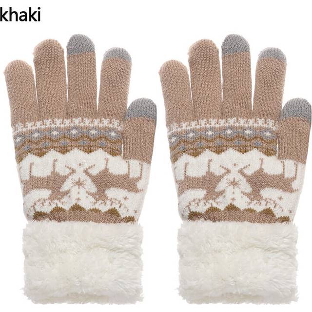 (One Size, Type1-khaki) Winter Thick Cashmere Gloves Women Knitted Warm Full Finger Skiing Gloves