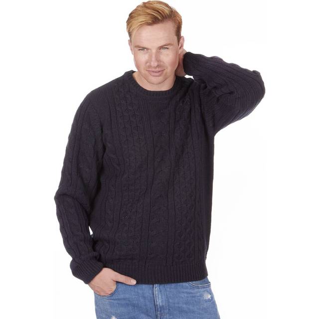 (Navy & Cream, L) Men'S Classic Chunky Cable Knit Crew Neck Jumper Sweater Pullover Winter New