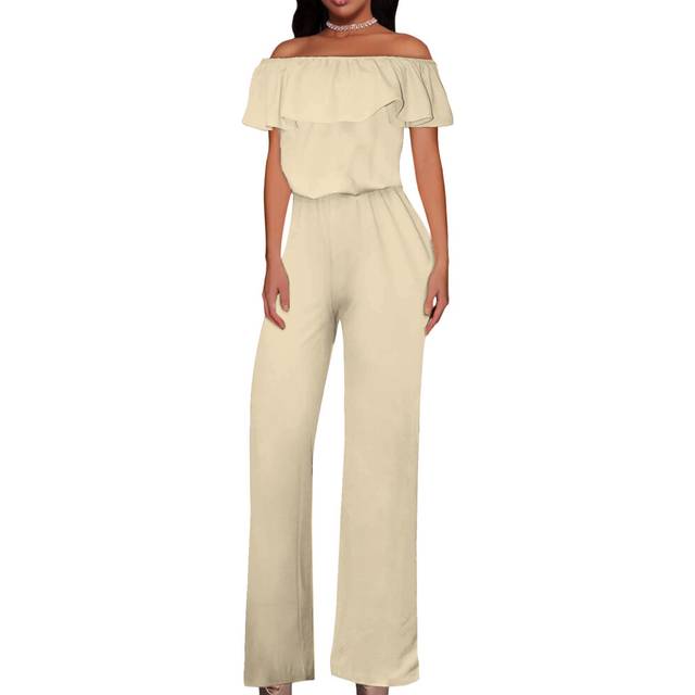 Hybrid & Company Women Casual Off Shoulder High Waist Pants Romper Wide Leg Jumpsuit KPVJ47696 Stone XL