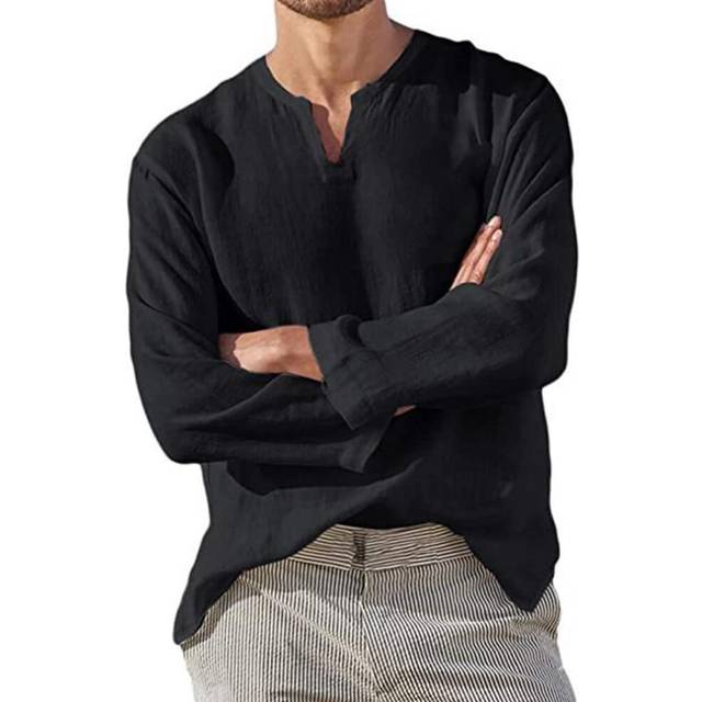 (US L, black) Cotton Linen Men Shirt Brief Breathable Comfy Solid Color Long Sleeve V neck Casual Blouse Hawaiian Shirt Oversize Tops