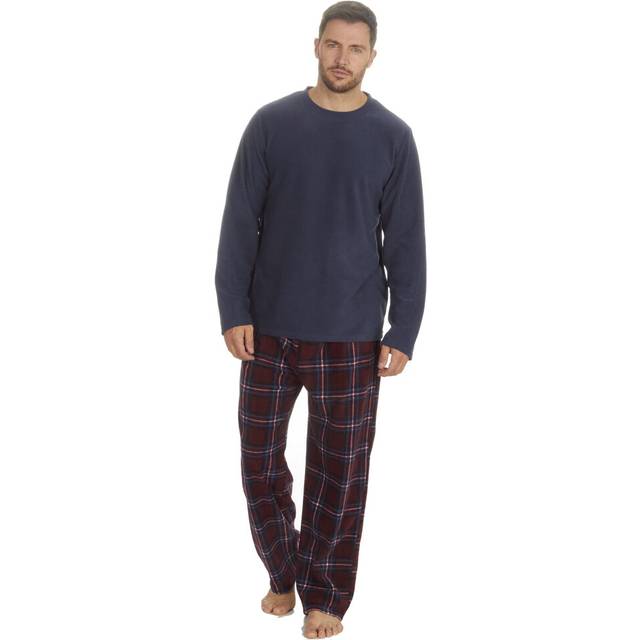 (Burgundy, L) Mens Warm Soft Microfleece Checked Loose Pyjamas Pajamas Pj Set Long Sleeve S- Xl