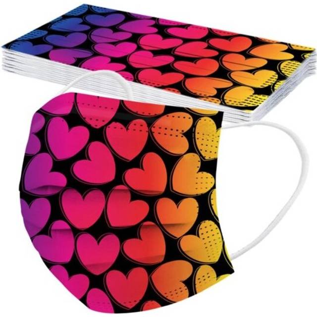 (Heart B) Women Face Mask Disposable 3Ply Floral Print Adult Protection Mouth Mask 10Pcs