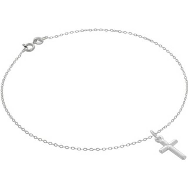 Fine Sterling Silver Belcher Anklet With Small Plain Cross - 10 Inches