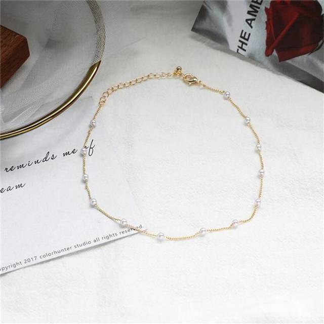 (gold) Pearl Clavicle Necklace with Beads Choker for Women