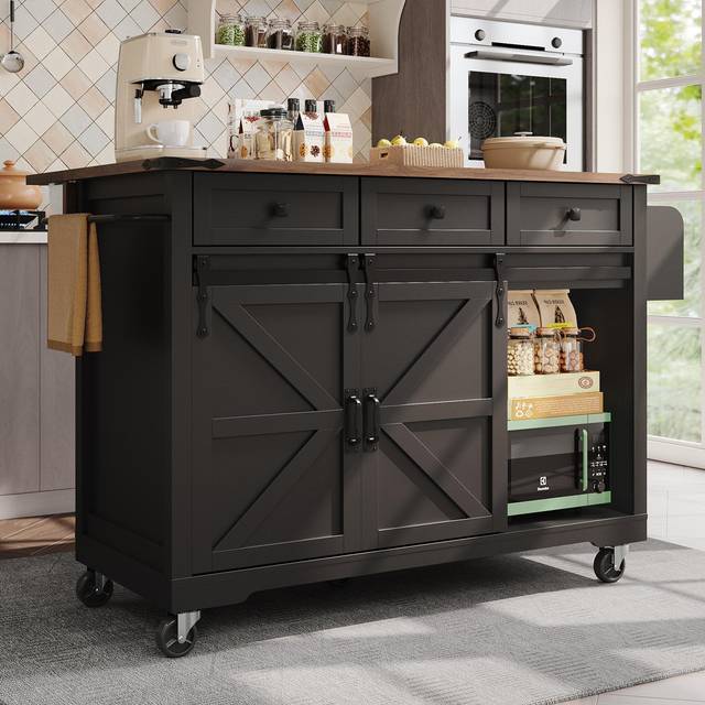 Kitchen Island With Sliding Doors And 3 Drawers - Black (94cm H X 140cm W X 45cm D)