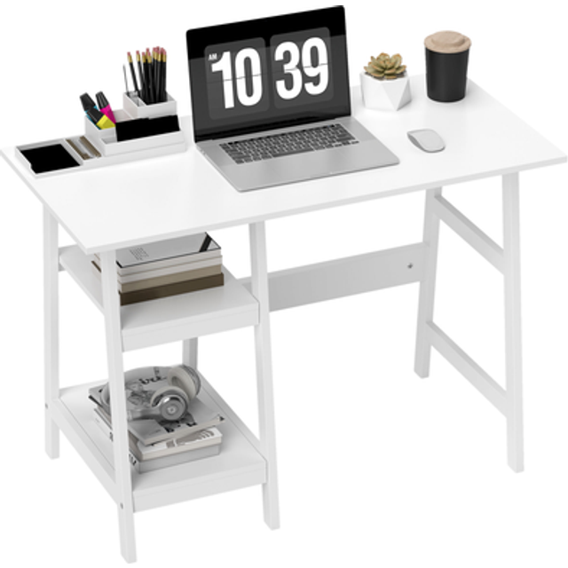 (White) HOMCOM Computer Writing Desk w/ Shelf PC Workstation for Home Office