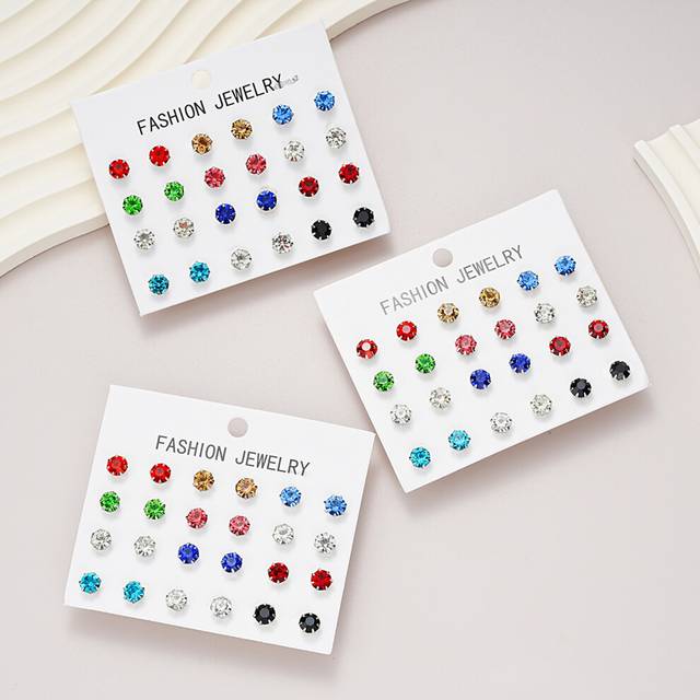 (AY6078701) 36 Pairs/Set Colorful Zircon Crystal Stud Earrings for Women Fashion Minimalist Geometric Shiny Earring