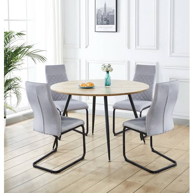 Cullompton Large Round Dining Table, Light Oak Effect Top (120Cm), With 4 Grey Fabric High Back Chairs - Brown (4)