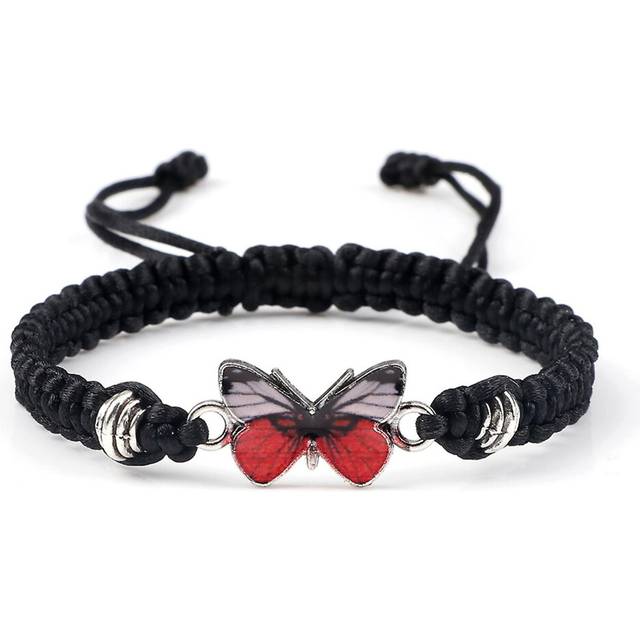 (Black  Red, One size) Hot Sale Bracelet Hand Woven Butterfly Charm Simple Fashion Adjustable Bracelets 17~30cm