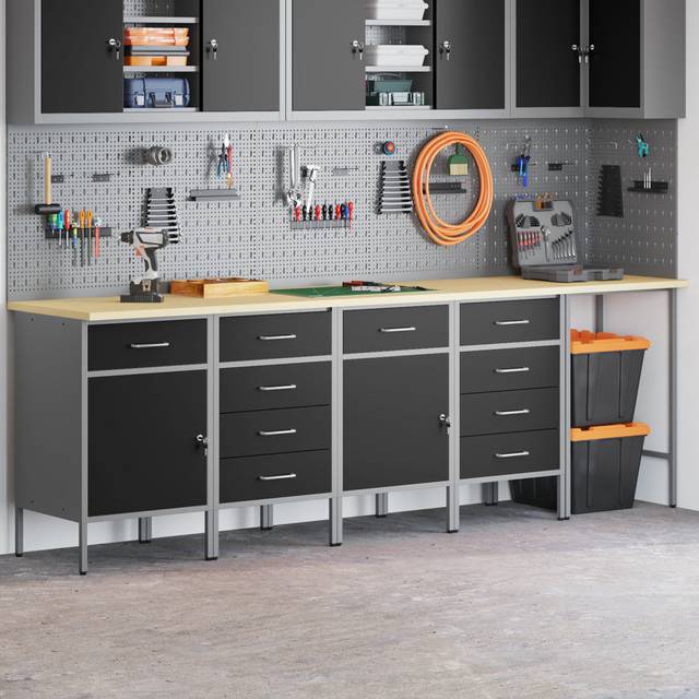 Set Of 5 Steel Large Height-Adjustable Work Cabinet - Black (85cm H X 255cm W X 55cm D)