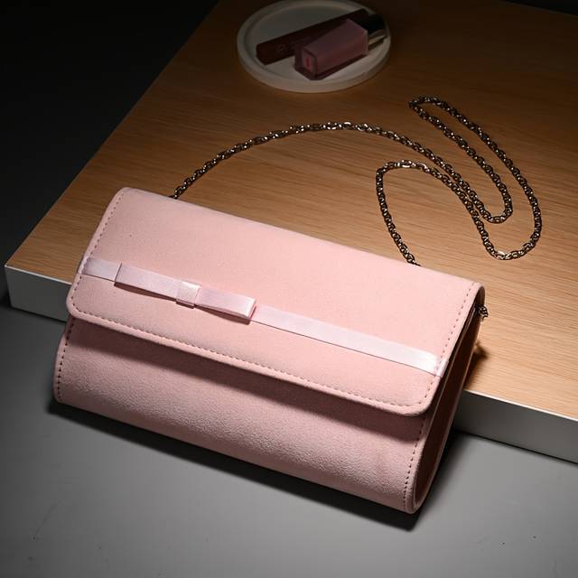 TEMU Elegant Pink Velvet Evening Clutch With Decorative Bow, Magnetic Closure, Detachable Shoulder Strap - Banquets And Gifts, Banquet Accessory|sophisticated Style|magnet Closure Clutch
