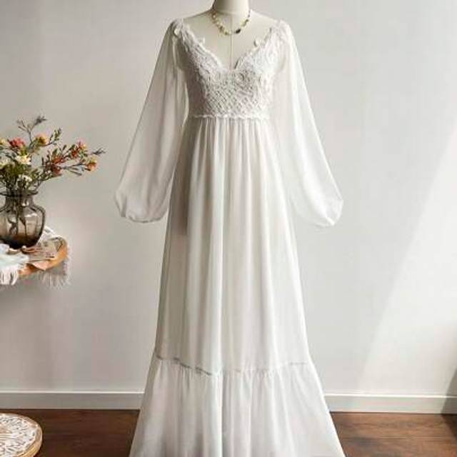 SHEIN White Crochet Lace Panel Maxi Dress Sheer Chiffon Long Sleeve High Waist Gown Boho Tea Party Dress