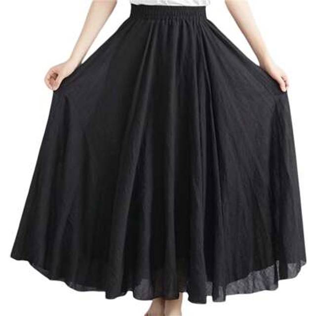 SHEIN Womens Linen Maxi Skirts Summer Boho Solid Beach Elastic High Waist Pleated A-Line Flowy Swing Long Maxi Skirts