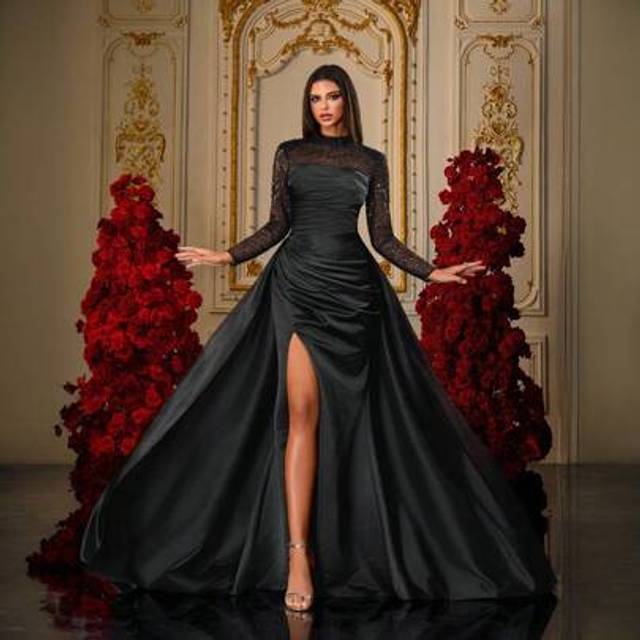 SHEIN Black Long Sleeve Sequin Formal Evening Dress For Women, Elegant High Neck Slim Fit Floor Length Gown With Slit, Sparkly Mermaid Maxi Prom Dress, Sexy