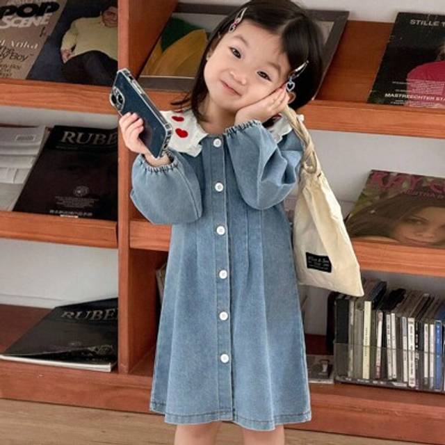 SHEIN Babygirl Infant & Baby Girl Fashion Western Style Love Embroidered Collar Long Sleeve Washed Denim Dress, Suitable For Attending Friends&#39; Parties, Bir