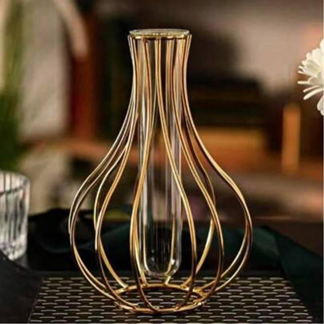 SHEIN 1pc Gold Geometric Metal Hydroponic Vase With Test Tube Rack | Modern Minimalist Retro Decor For Living Room, Office, Home | Elevated Floral Arrangeme