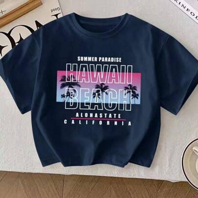 SHEIN Young Boy Simple Casual Hawaiian Sunset Lettering Print Round Neck Summer T-Shirt