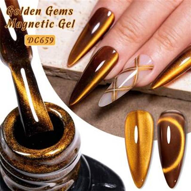 SHEIN Golden Gems Cat Eye Gel Nail Polish , Super Shiny Gold Glitter Magnetic Cateye Gel Polish, Soak Off Uv Led Gel Varnish Manicure Nail Art Diy For Home