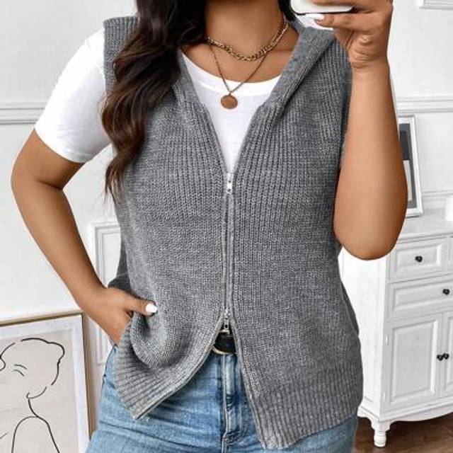 Calvaya Plus Size Women&#39;s Solid Color Zip-Up Hoodie Cardigan Vest For Spring And Autumn