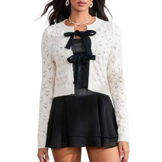 SHEIN Women&#39;s Spring Autumn Knit Cardigan Coat Long Sleeve Crewneck Tie Front Crochet Sweater Knitwears