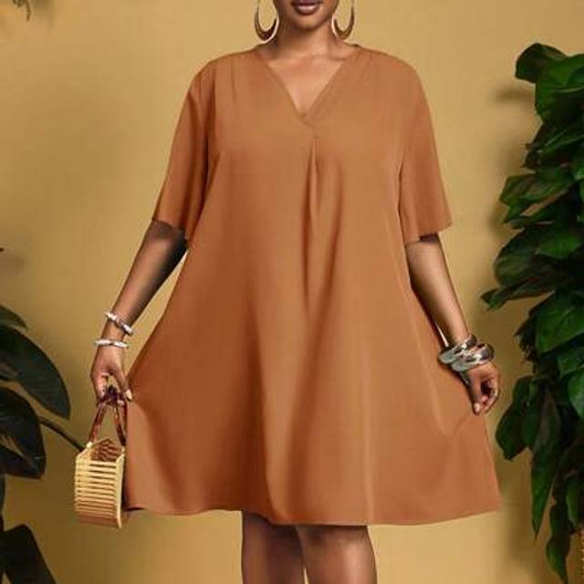 Slaydiva 2025 New Elegant Casual/Business Casual Women Short Sleeve Chiffon V-Neck Loose Ruffle Sleeve Dress