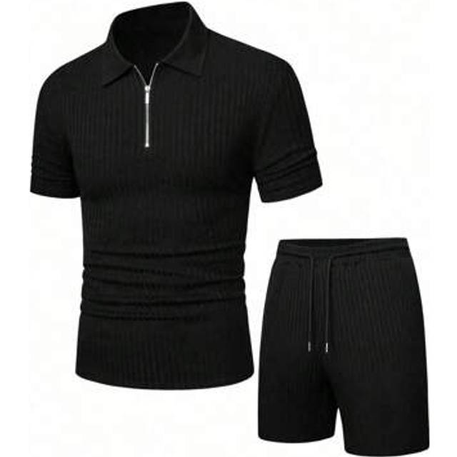 SHEIN 2pcs Men&#39;s Solid Color Short Sleeve Zip-Up Polo Shirt And Shorts Casual Set Men Two Pieces Casual Short Sets Black Vacation Outfit Men Men Ribbed Two
