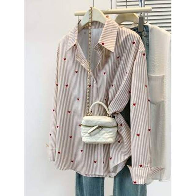 SHEIN Women&#39;s Heart Print Collar Striped Shirt , Casual Button-Up Long Sleeve Vacation Top For Spring Summer Fall Everyday