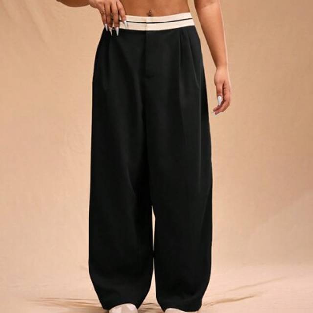 SHEIN Plus Size Women&#39;s Fashionable Casual Color Block Straight Leg Pants