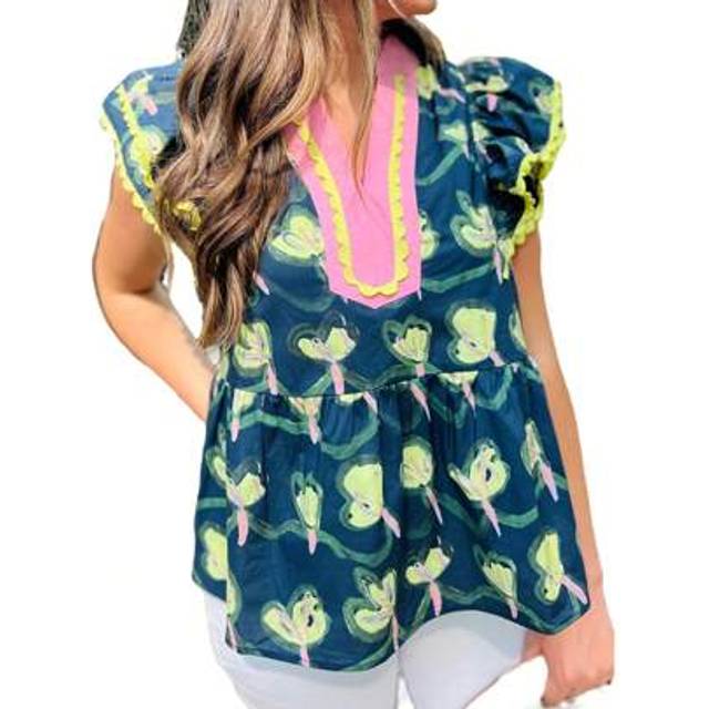 SHEIN Women Y2k Boho Floral Cap Flutter Sleeve Peplum Blouses Front Button Down Collar V Neck Ruffle Flowy Crop Top Summer Going Out Babydoll Shirts