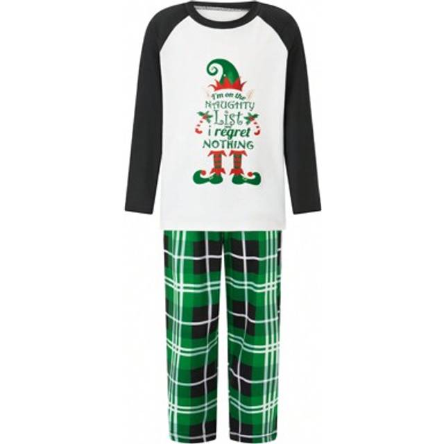 SHEIN Christmas Family Pajamas Matching Set, Long Sleeve Letters Elf Print T-Shirt With Plaid Pants Sleepwear Loungewear