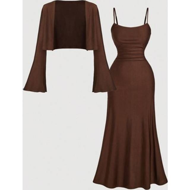 SHEIN 2pcs/Set Plus Size Women&#39;s Coffee Brown Cardigan And Mid-Length Dress