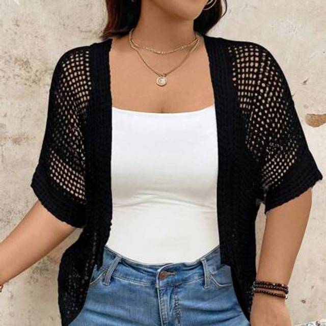 SHEIN Plus Size Women Hollow Out Short Solid Color Knitted Cardigan, Spring/Summer