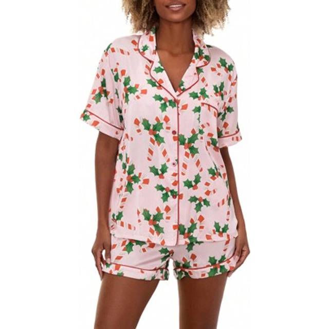SHEIN Women&#39;s Holiday Pajamas Set Santa Claus/Pumpkin Print Short Sleeve Lapel Button Tops Shorts Loungewear