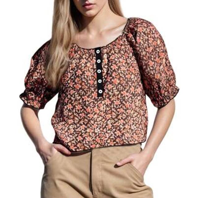 SHEIN Women Short Lantern Sleeve Floral T-Shirt Loose Half Button-Up Tops Casual Summer Streetwear