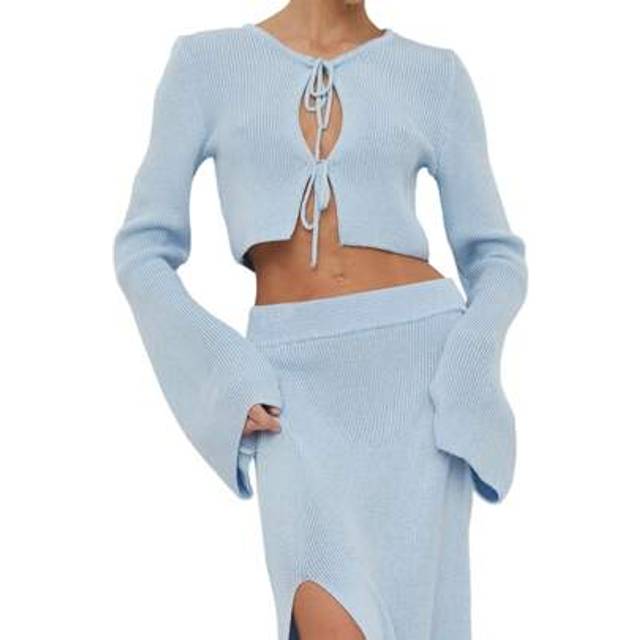SHEIN Women Tie Front Cardigan Sweater Bell Long Sleeve Knit Crochet Cropped Cardigan Rib Knit Shrug Crop Tops