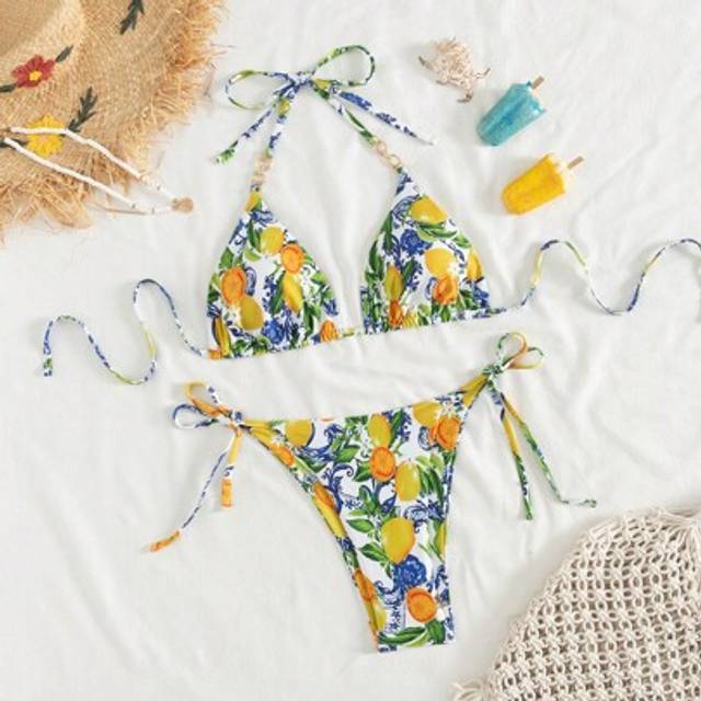 SHEIN Women&#39;s Summer Beach Lemon Print Halter Tie Metal Buckle Bikini Set
