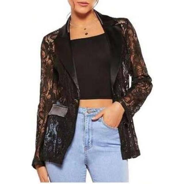 SHEIN Women&#39;s Fashion Blazer Floral Lace Mesh Single Button Lapel Long Sleeve Elegant Jacket Blazer