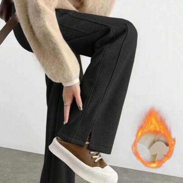SHEIN Women&#39;s Thermal Lined Wide Leg Split Hem Pants, Warm And Casual Banana Straight Leg Trousers